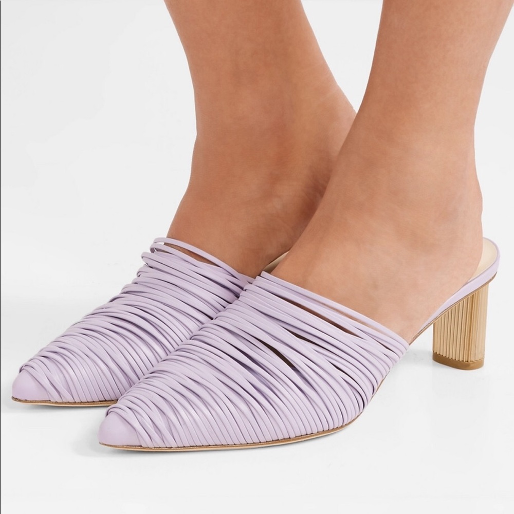 Cult Gaia Sage Leather Mules in lilac lavender with golden ribbed block heel